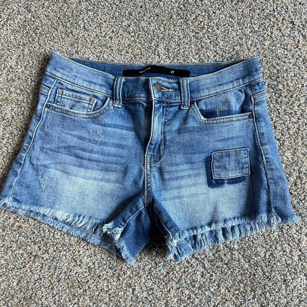Harper Francesca's Minnie Shadow Patch Fray Hem Jean Shorts Women's 27 Stretch - Picture 2 of 5
